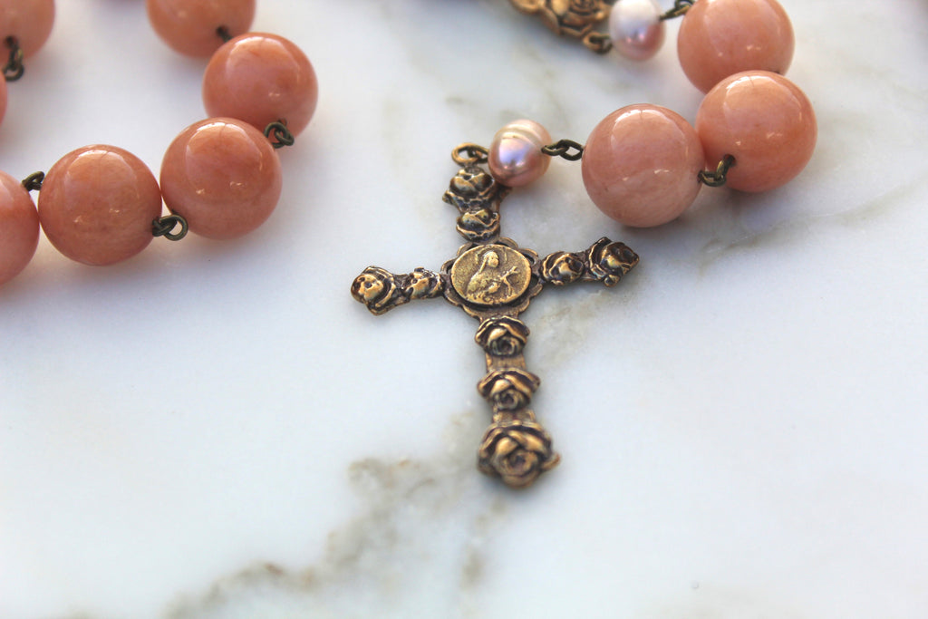 Beautiful Pink St. Therese Rosary made of stone and Bronze.