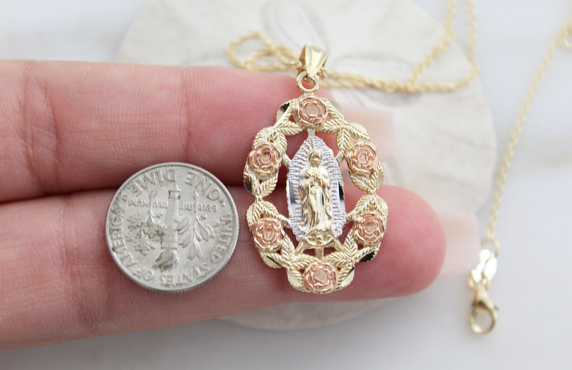 Our Lady of Guadalupe Pendant Necklace with Dried Flowers in Sterling  Silver. 18