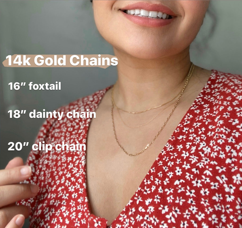 3 14K Gold Chains displayed on a model showing the lengths and styles.