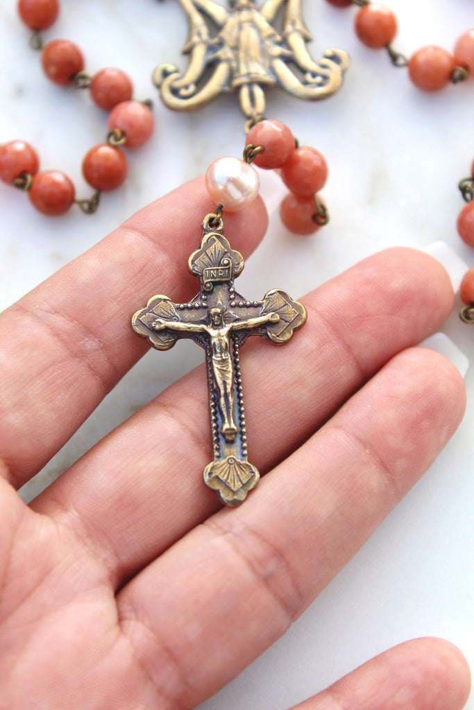 Handmade Coral colored stone rosary