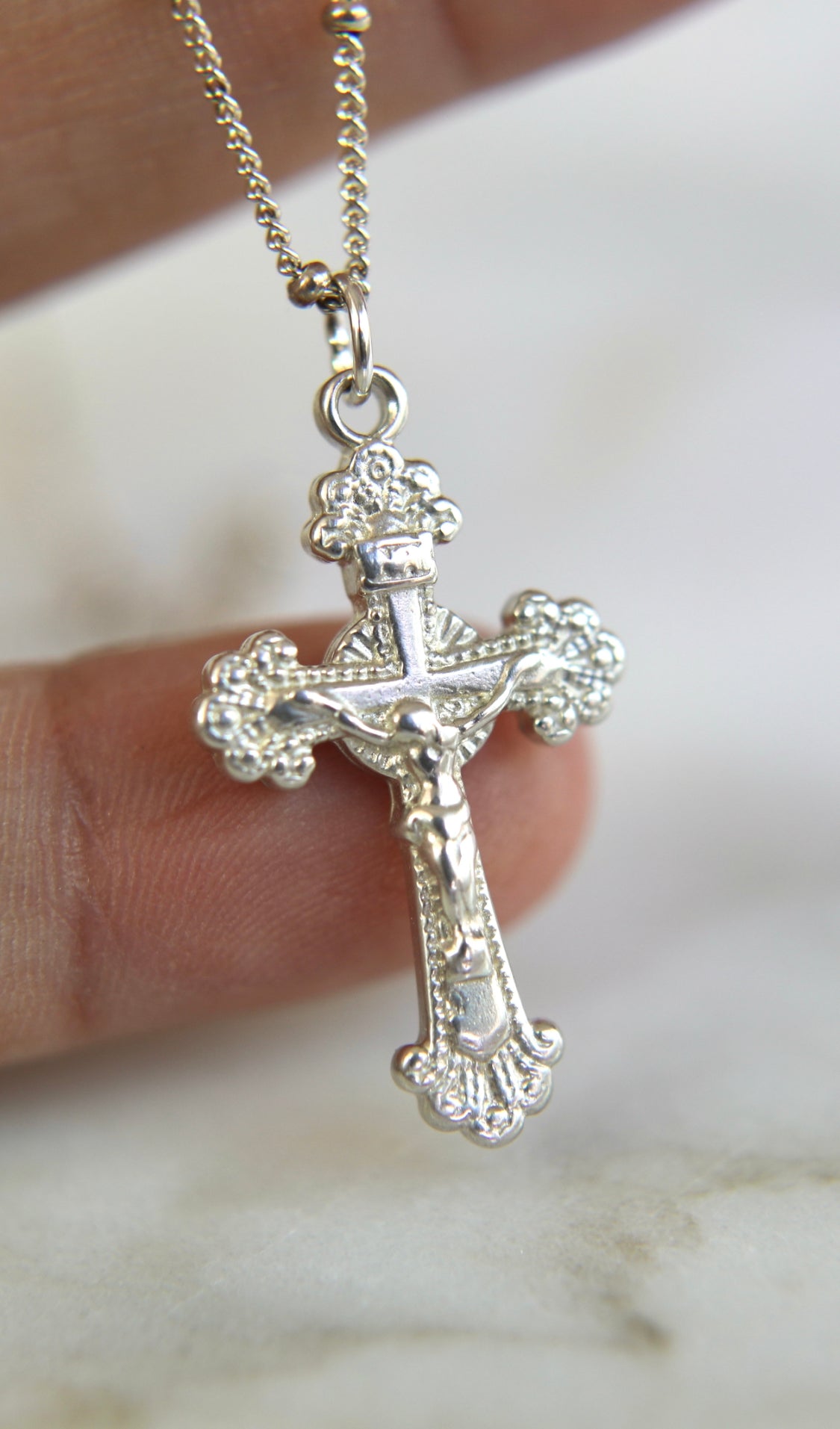 Black Enamel Mens Crucifix Necklace - Sterling Silver Pendant On 24
