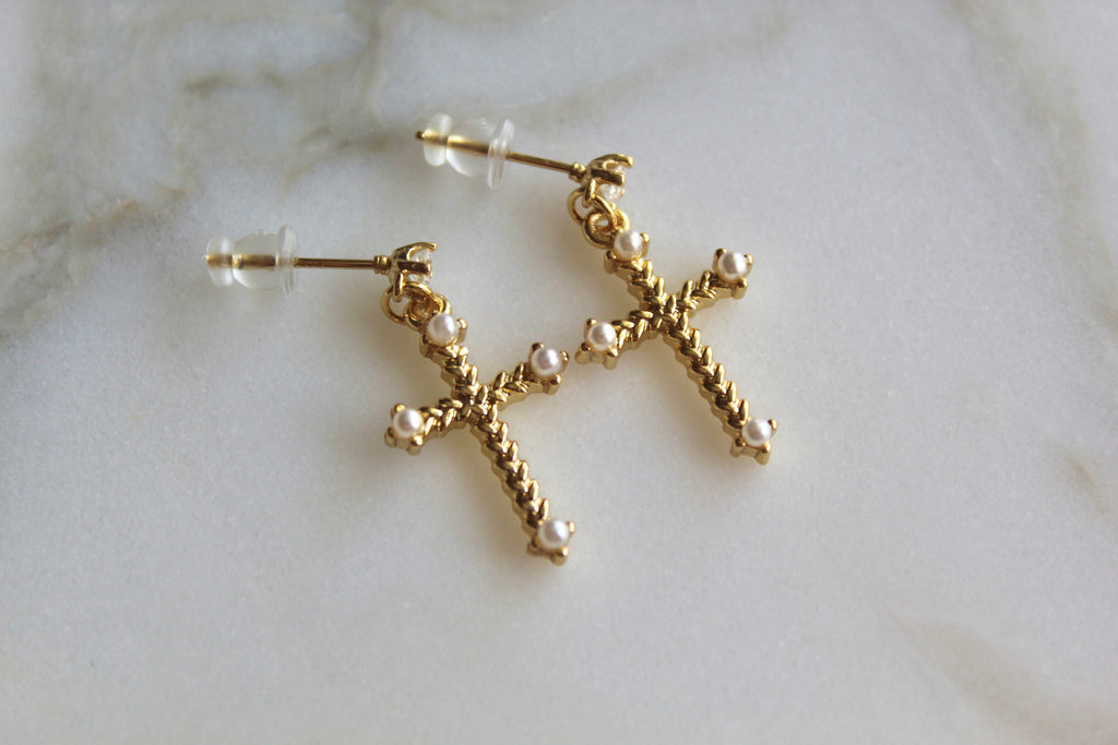 Gold Toned Braided Cross Earrings with Pearls and Cz's
