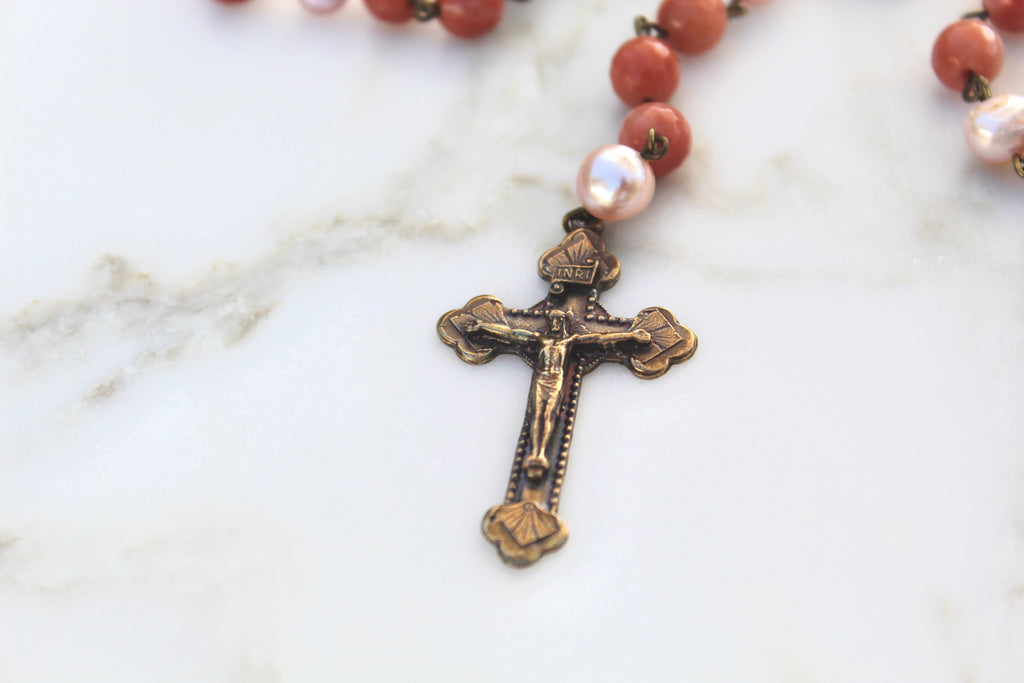 Solid Bronze Crucifix with Pearl our father and coral beads.