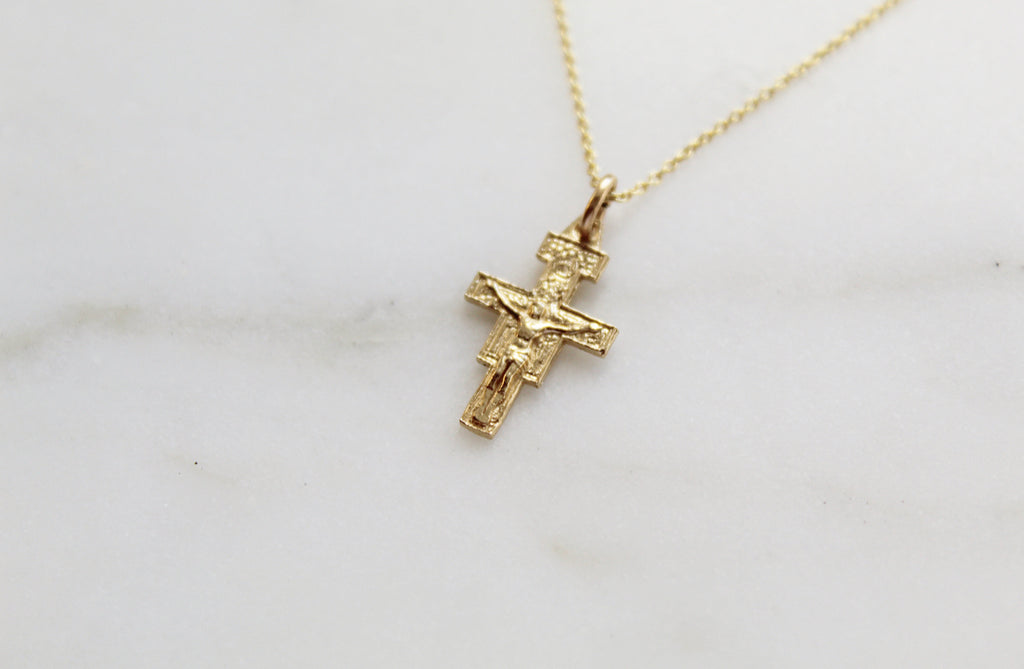 14K Gold San Damiano Crucifix necklace. Necklace is Yellow 14K Gold. Necklace and pendant is handmade in America. 