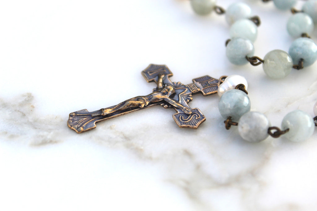 Solid Bronze Crucifix also showing the White Fresh Water Pearl Our Father Beads