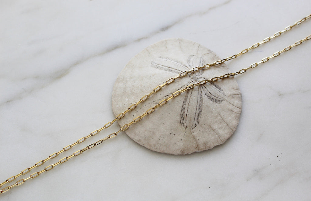14K Gold Paper clip chain draped over a sand dollar to show the links