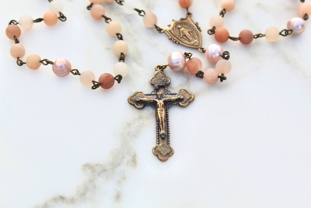 Ornate Solid Bronze Crucifix on the Stone Rosary