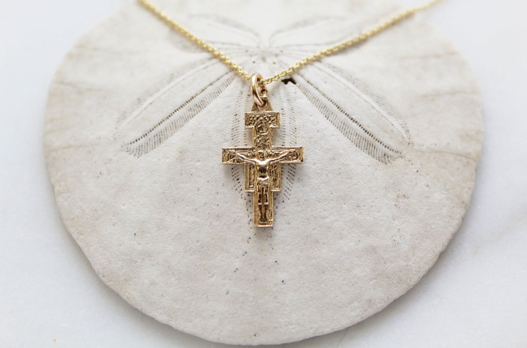14K Gold San Damiano Crucifix necklace. Handmade necklace.