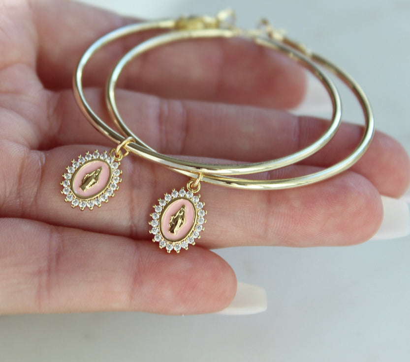 Gold Filled Hoop Earrings with Gold Filled Marian medals. Marian Medals have a beautiful powder pink enamel & there's a frame of tiny cubic zirconias around the entire medal. Medal Size: .43”x.30”.