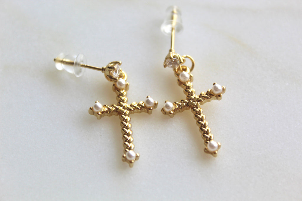 The Braided Cross Earrings are beautiful. They have a Diamond CZ at the Top and a pearl at each end of the cross.